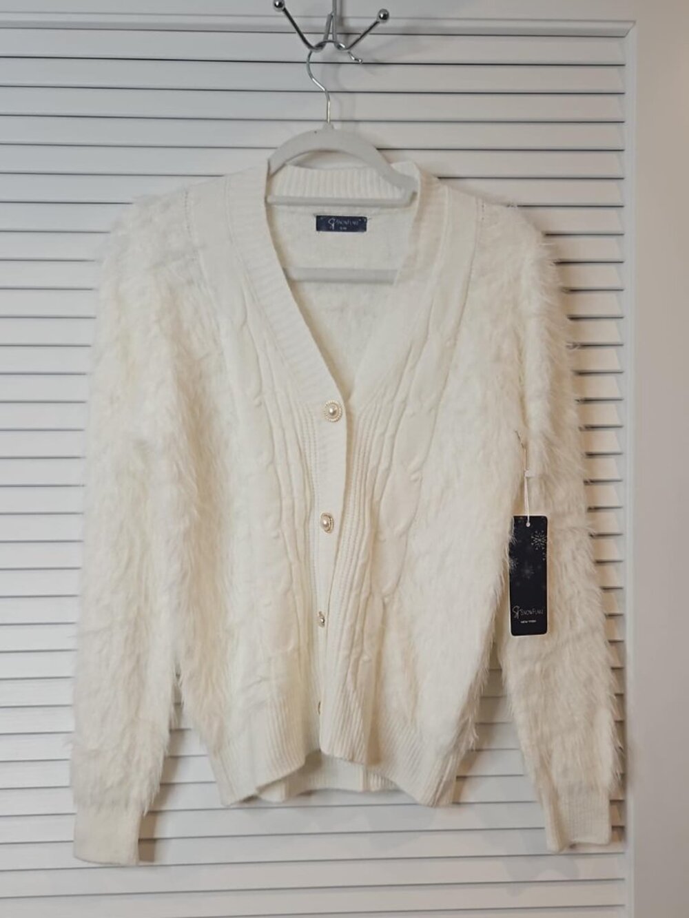 Snowflake White Fuzzy Cardigan Sweater – New With Tags